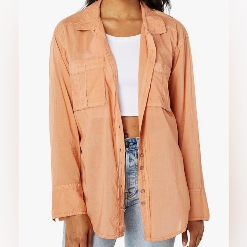We The Free People Sheer Luck Button Up Top Patch Pockets Wood Chimes Orange XS